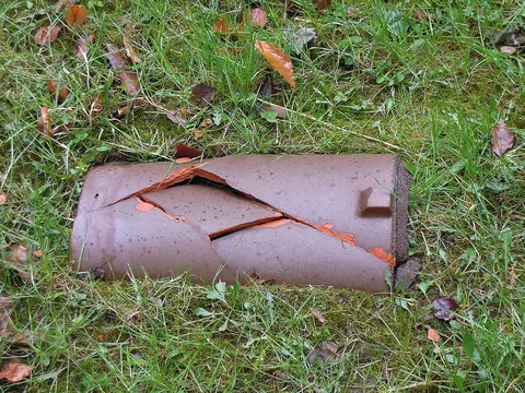 Tuile cassée tombée dans l'herbe