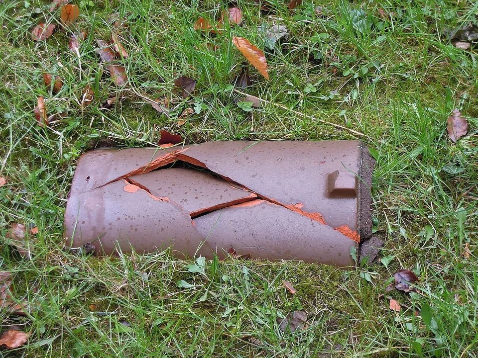 Tuile cassée tombée dans l'herbe